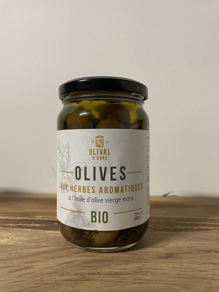 [OL PT CO MIXTE HERBES HOVE] Pot en verre 0,3kg Olives entières Vertes & Violettes Portugal Variété Cobrançosa - HOVE & Herbes bio* C/R