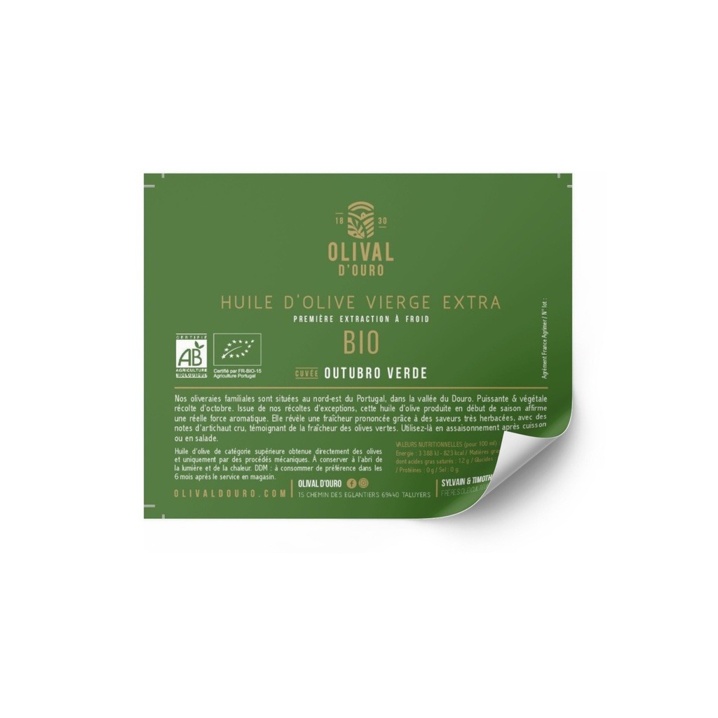 [HOVE PT P OV] ETQ pack 50 Huile d'Olive Vierge Extra Portugal Puissante - Cuvée première semaine de récolte « Outubro Verde » bio* C/R 100*80mm