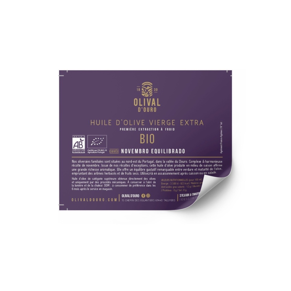 ETQ pack 50 Huile d'Olive Vierge Extra Portugal Equilibrée - Cuvée récolte intermédiaire « Novembre Equilibrado » bio* C/R 100*80mm