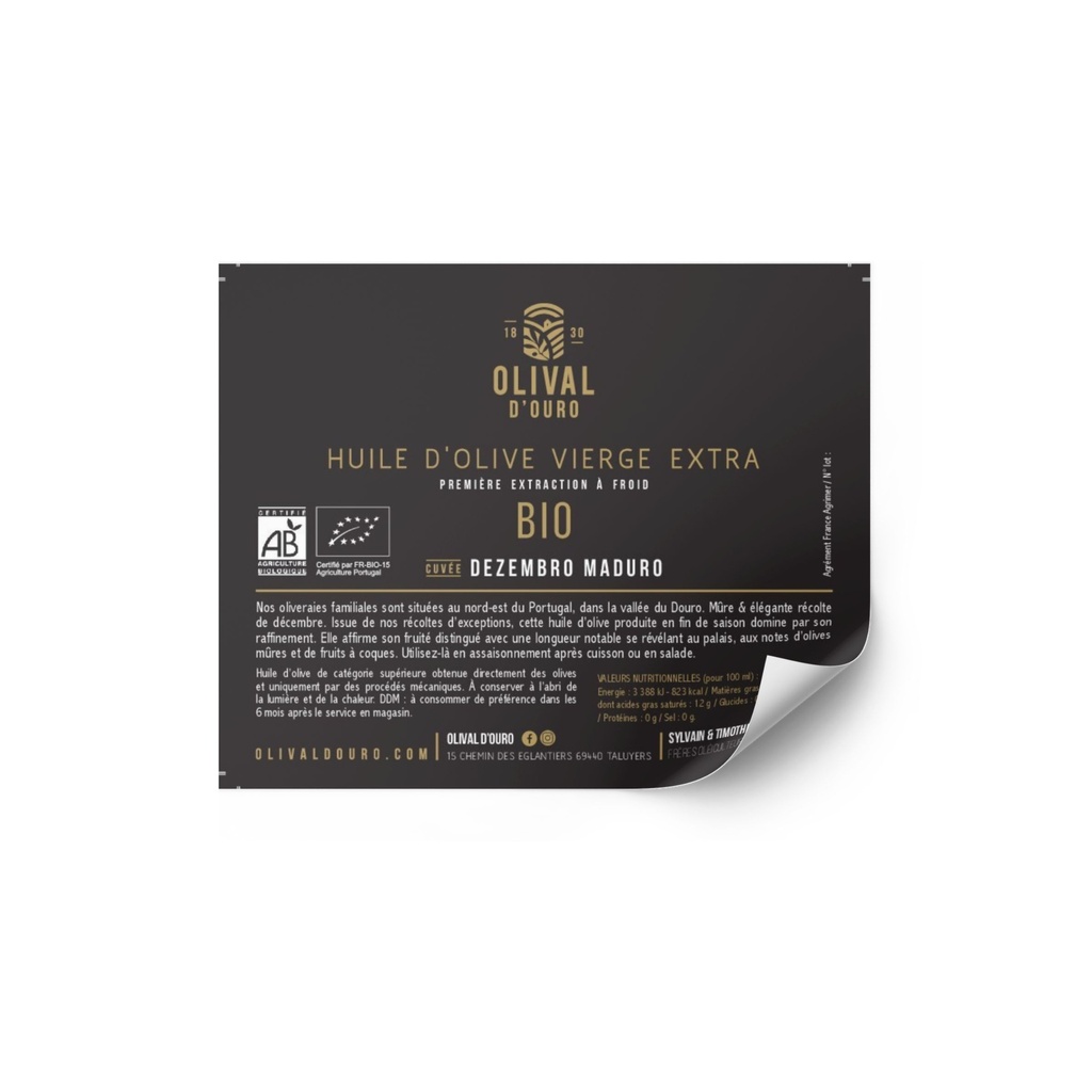 [HOVE PT DM] ETQ pack 50 Huile d'Olive Vierge Extra Portugal Mûre - Cuvée dernière semaine de récolte « Dezembro Maduro » bio* C/R 100*80mm