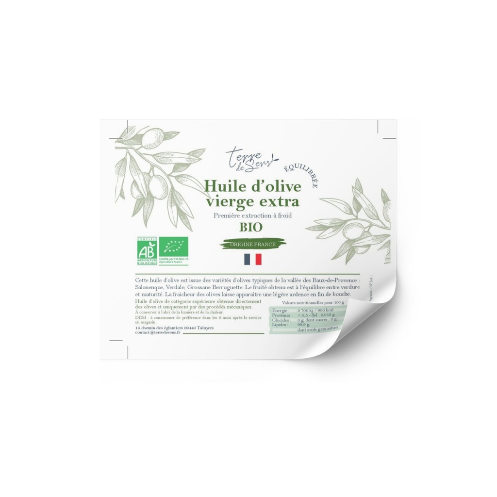 [HOVE FR E] ETQ pack 50 Huile d'Olive Vierge Extra France Equilibre bio* C/R 100*80mm