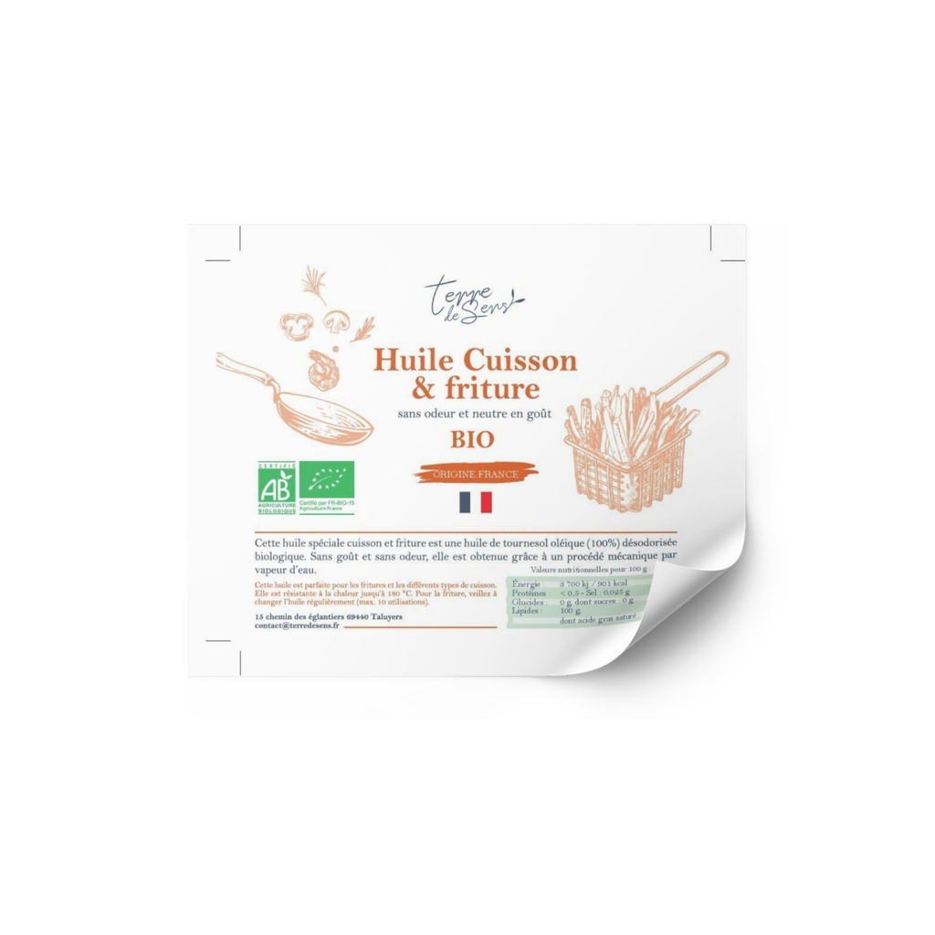 [HT D CF FR] ETQ pack 50 Huile Cuisson & Friture Tournesol Vierge Desodorise France bio* C/R 100*80mm