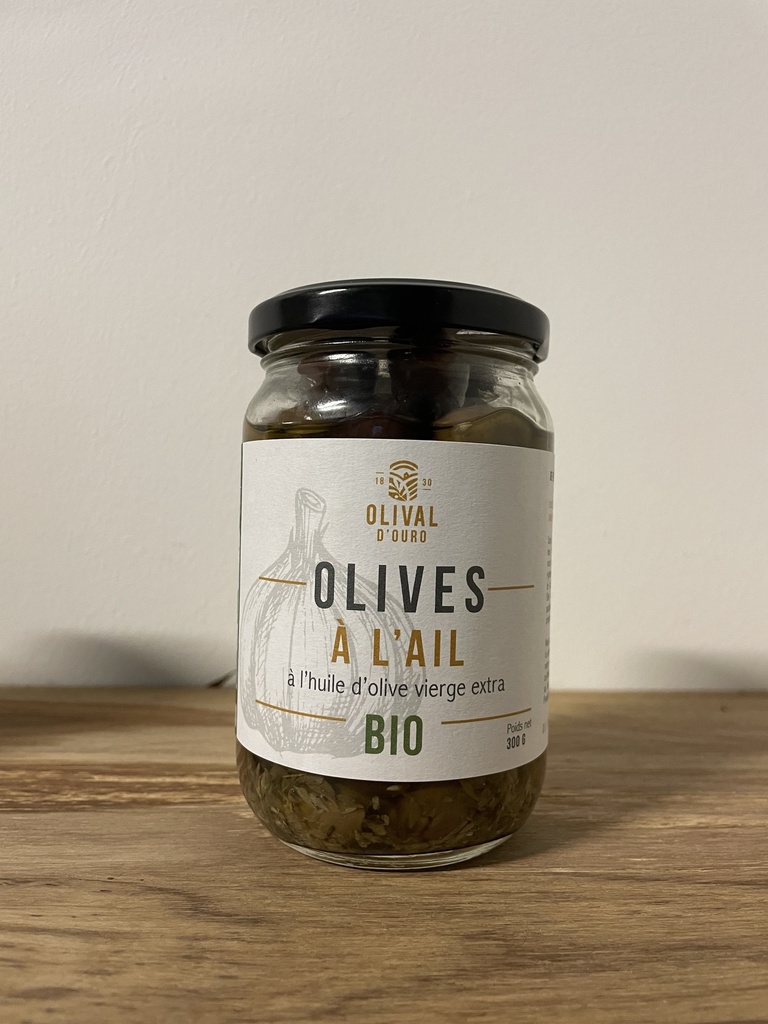 [OL PT CO MIXTE D AIL HOVE] Pot en verre 0,3kg Olives dénoyautées Vertes & Violettes Portugal Variété Cobrançosa - HOVE & Ail bio* C/R