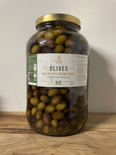 [OL PT CO MIXTE HERBES HOVE] Pot en verre 3,8kg Olives entières Vertes & Violettes Portugal Variété Cobrançosa - HOVE & Herbes bio* C/R