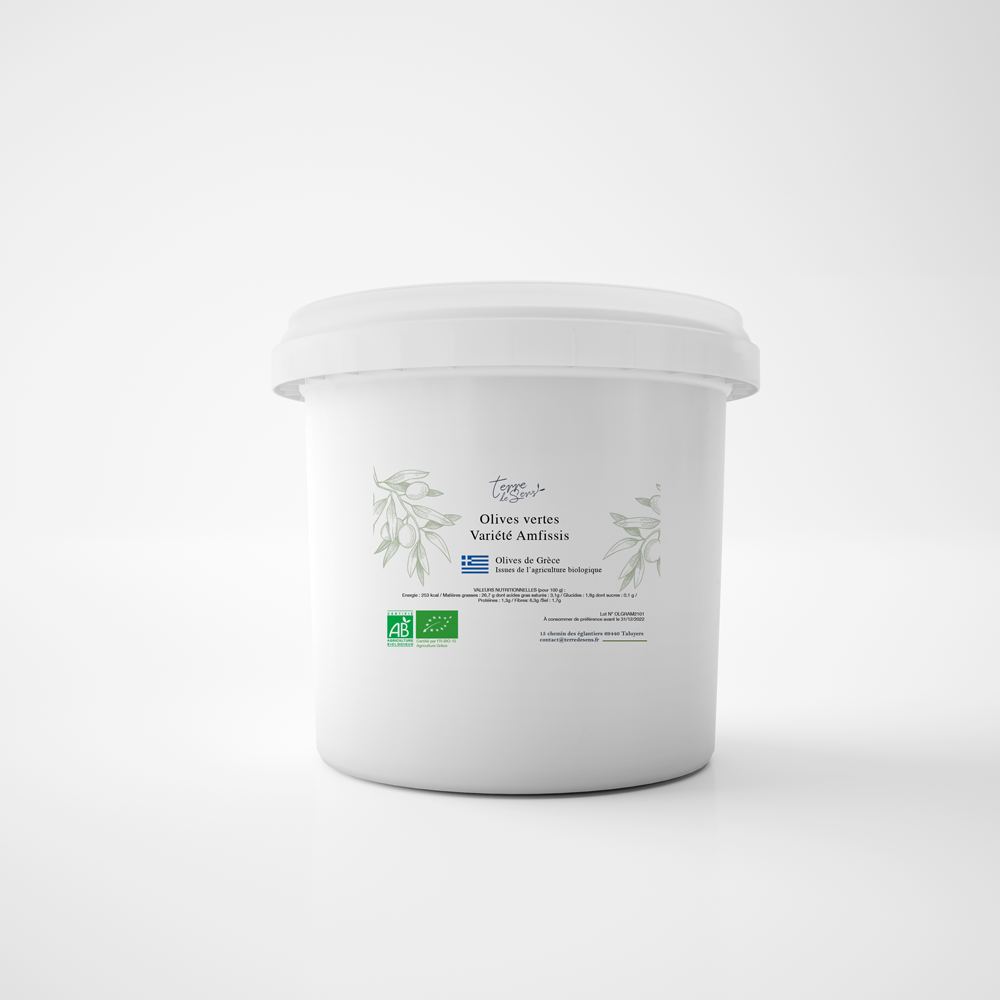 [OL GR AM VERTE SAUMURE] Seau 12kg Olives entières Vertes Gèce Variété Amfissa  - saumure bio* C/R