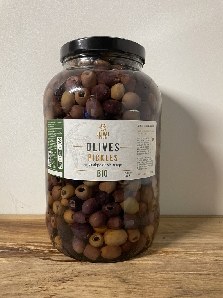 [OL PT CO MIXTE D VINAIGRE] Pot en verre 2,3kg Olives dénoyautées Vertes & Violettes Portugal Variété Cobrançosa  - pickles au vinaigre de vin rouge bio* C/R