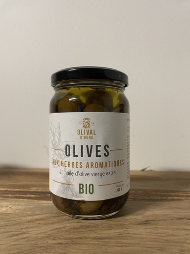 [OL PT CO MIXTE HERBES HOVE] Pot en verre 0,3kg Olives entières Vertes & Violettes Portugal Variété Cobrançosa - HOVE & Herbes bio* C/R